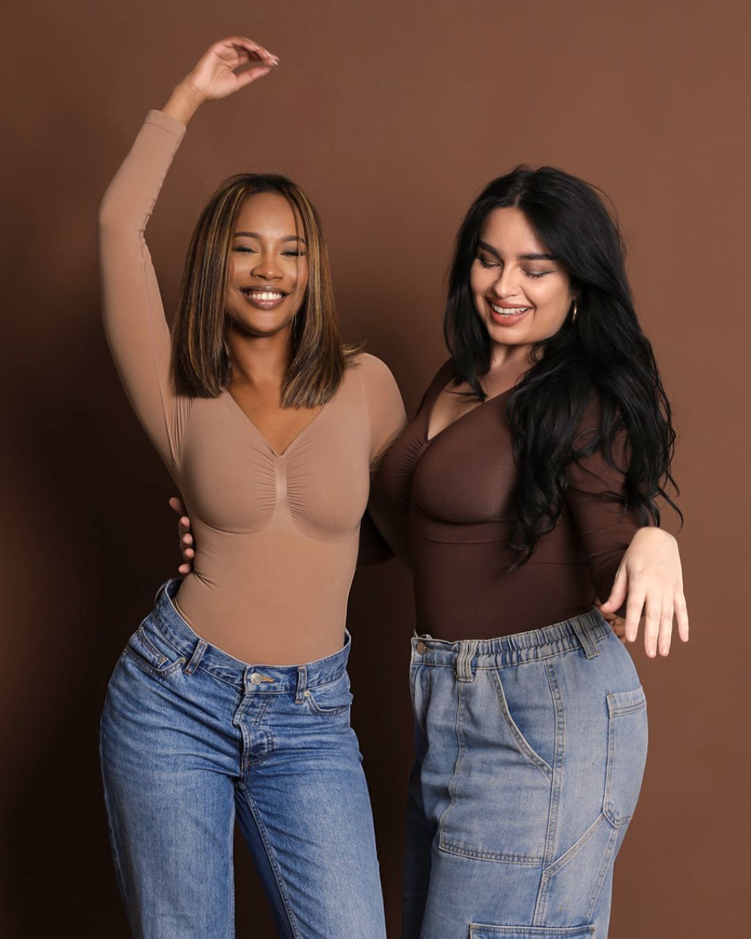 long sleeve shapewear bodysuit beige and brown Easy Curves South Africa